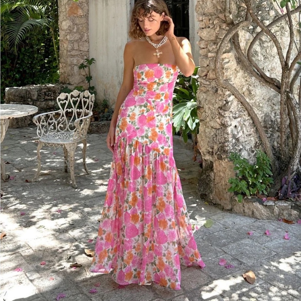 12th Tribe LaBelle Strapless Drop Waist Pink Floral Maxi Dress - Medium